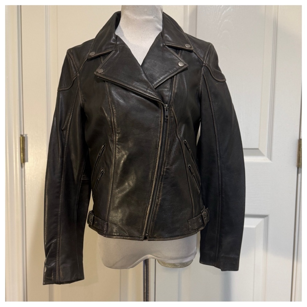 New Whet Blu "Stephanie"  vintage-style, distressed brown leather moto jacket